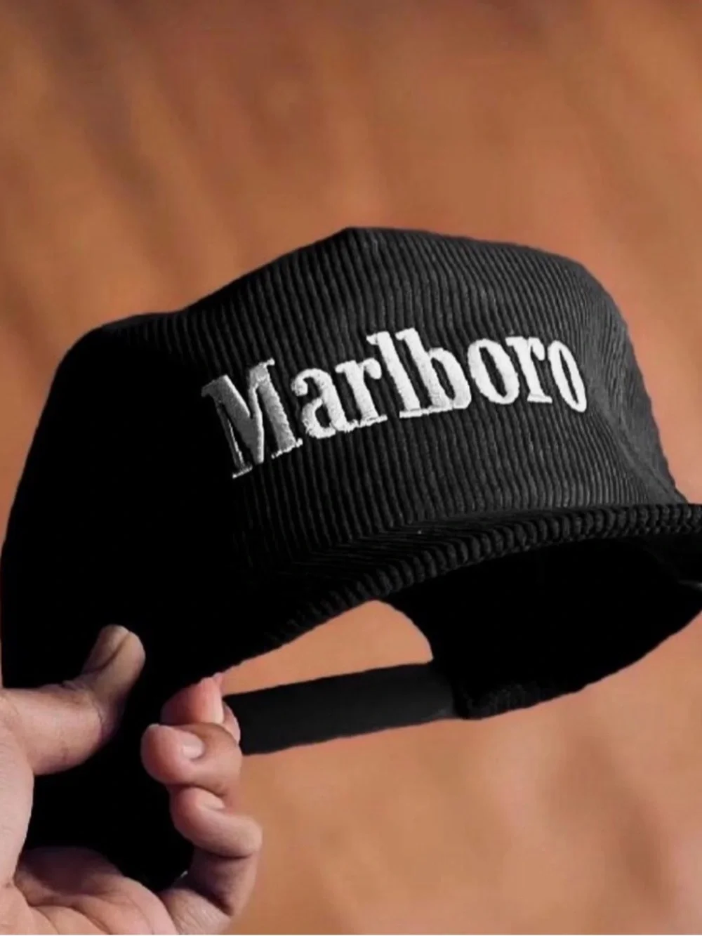 Black Marlboro Embroidered Logo Corduroy Hat
